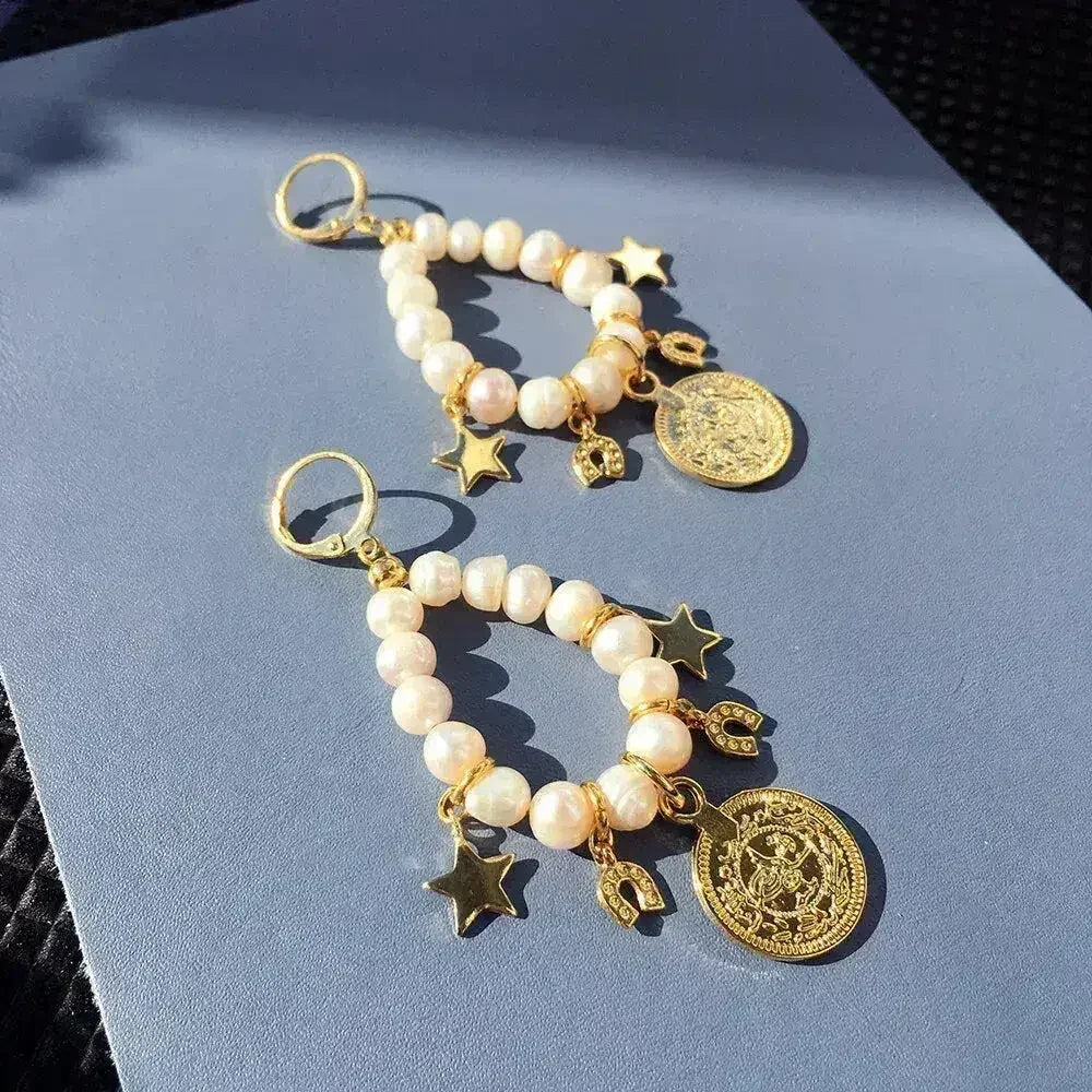 Boucles d'oreilles perles porte-bonheur | Perles d'eau douce plaquées or - Femstylo