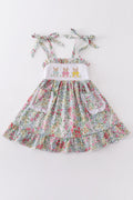 Robe smockée pour fille, motif fleuri brodé lapin