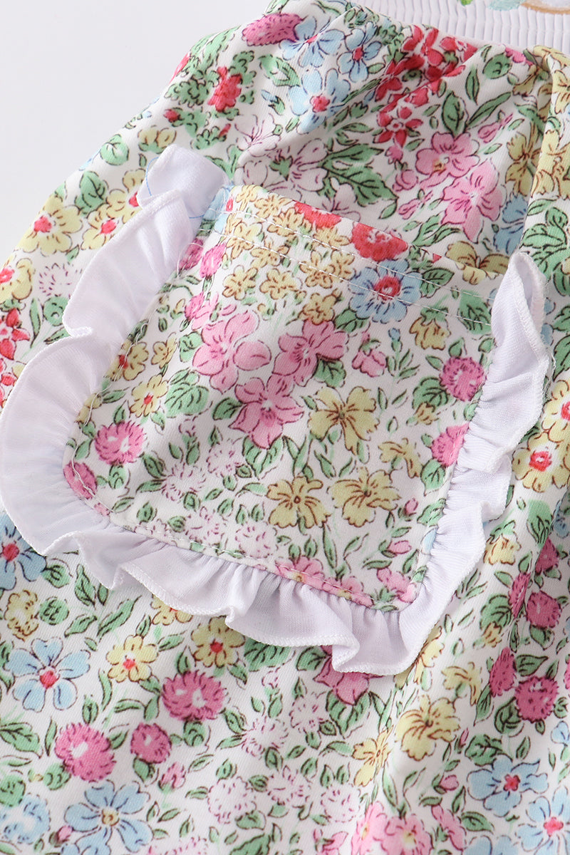 Robe smockée pour fille, motif fleuri brodé lapin