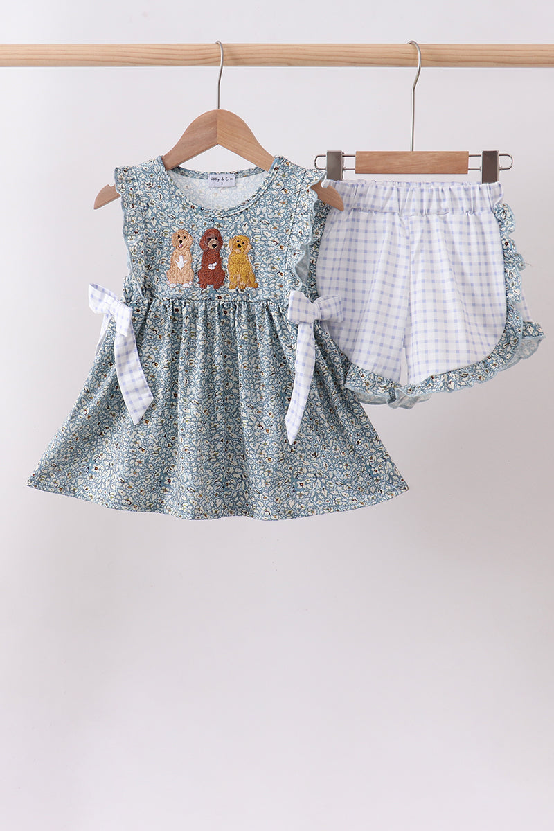 Ensemble short à volants brodé chiot floral