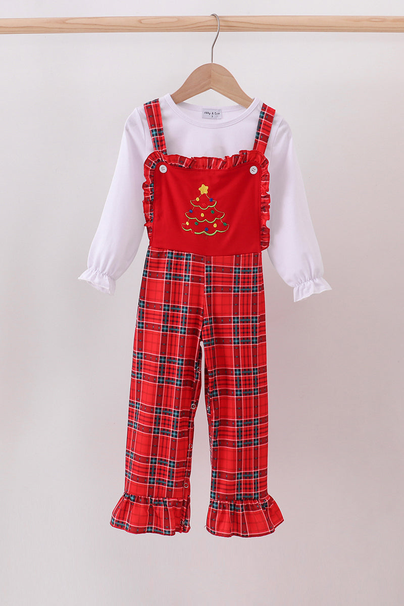Ensemble salopette à carreaux volantée et broderie arbre rouge