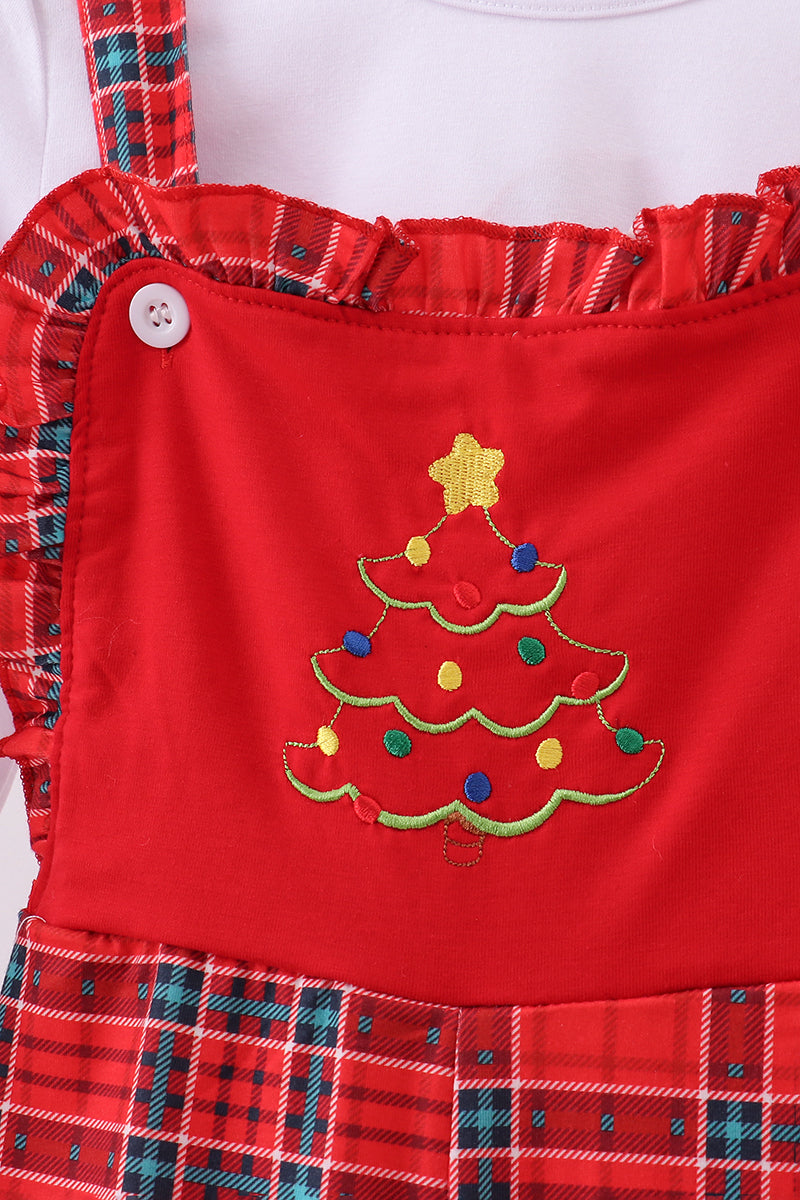 Ensemble salopette à carreaux volantée et broderie arbre rouge