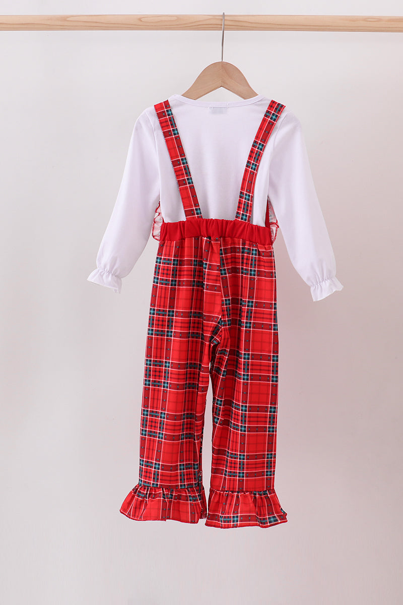 Ensemble salopette à carreaux volantée et broderie arbre rouge