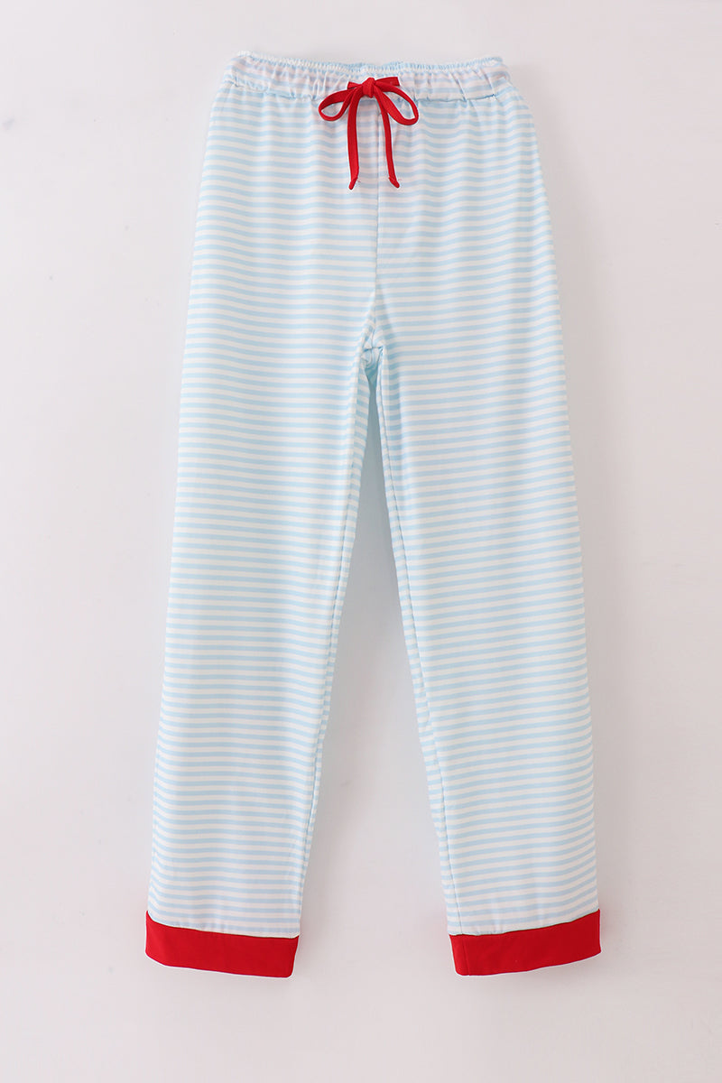 Pantalon de pyjama homme brodé Père Noël à rayures bleues