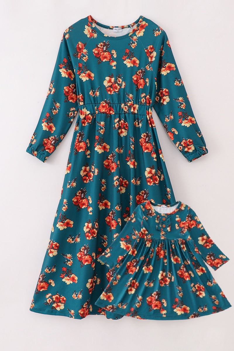 Robe imprimé floral vert assortie maman et moi