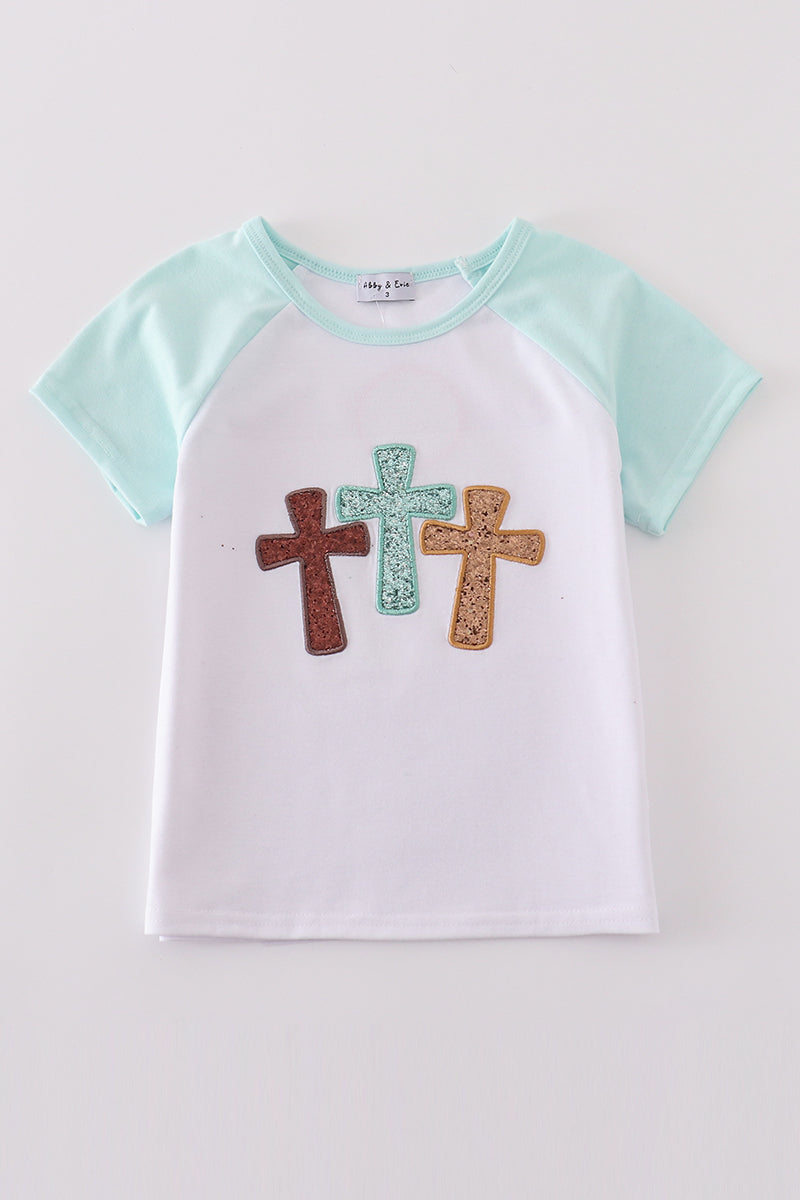 Haut maman et moi brodé de paillettes croix blanche il est ressuscité
