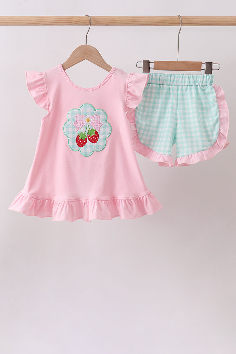 Ensemble tricoté appliqué fraise rose
