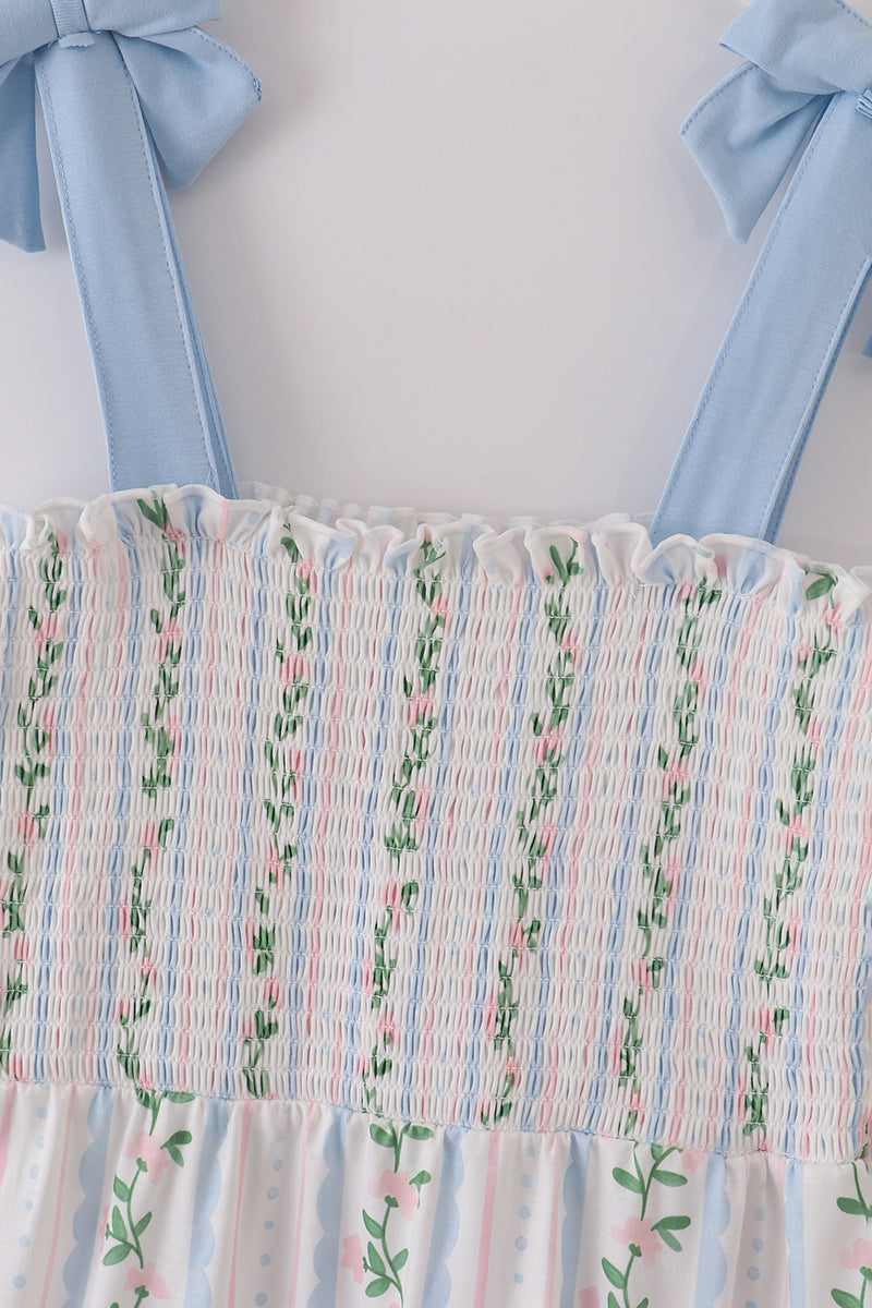 Robe smockée à imprimé floral bleu pour femme