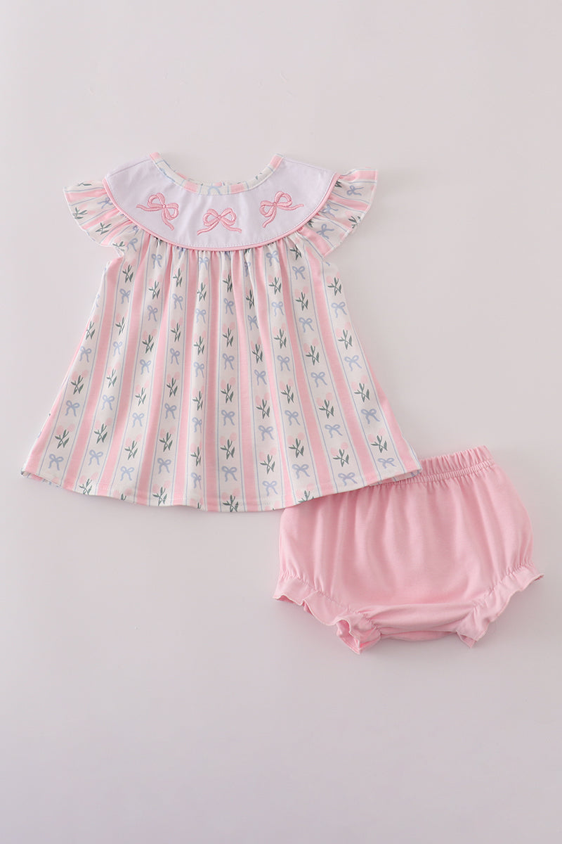 Ensemble barboteuse brodé de nœud rose