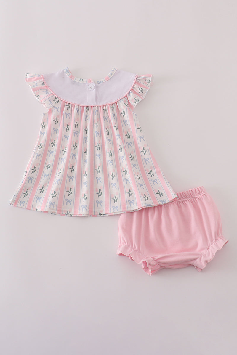 Ensemble barboteuse brodé de nœud rose
