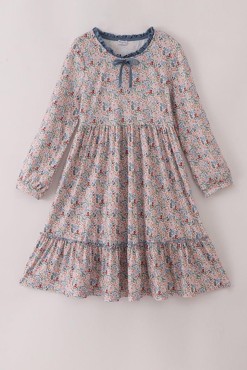 Robe trapèze volantée imprimé floral bleu