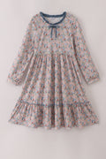 Robe trapèze volantée imprimé floral bleu