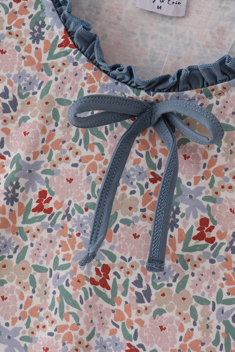 Robe trapèze volantée imprimé floral bleu