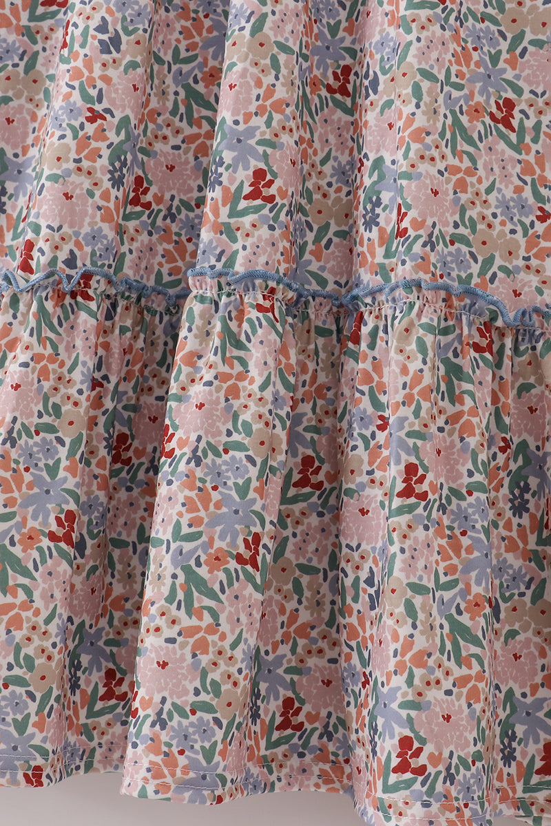 Robe trapèze volantée imprimé floral bleu