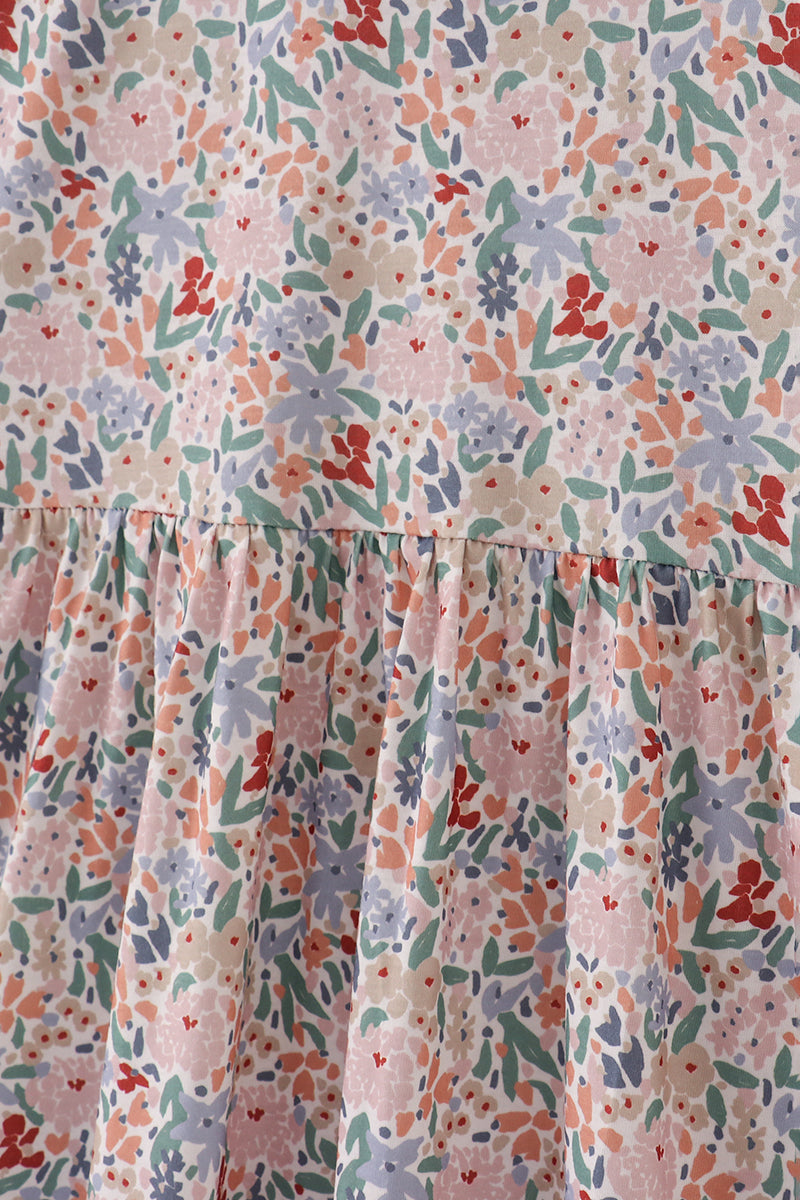 Robe trapèze volantée imprimé floral bleu