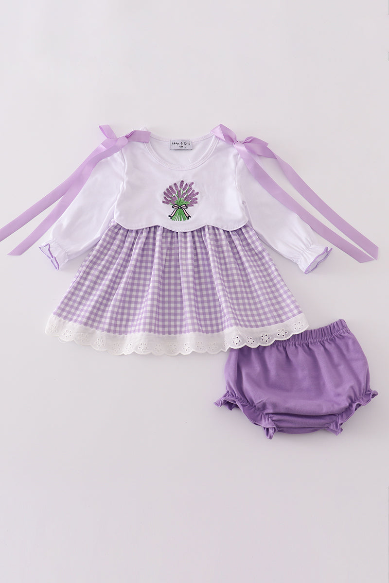 Ensemble bloomer vichy brodé de dentelle et rubans lavande