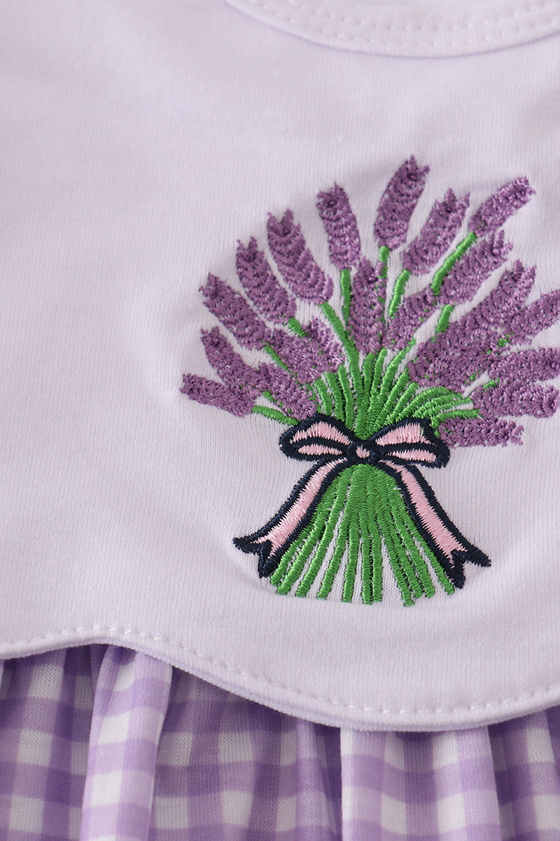 Ensemble bloomer vichy brodé de dentelle et rubans lavande
