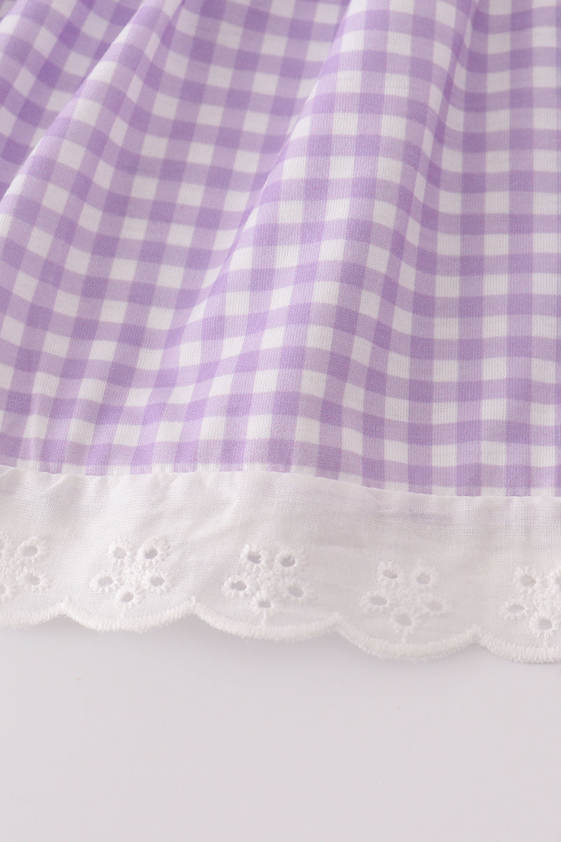 Ensemble bloomer vichy brodé de dentelle et rubans lavande