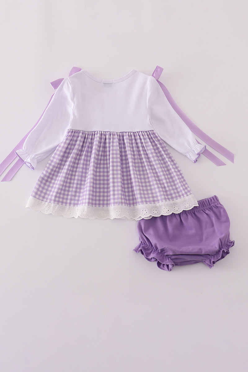 Ensemble bloomer vichy brodé de dentelle et rubans lavande