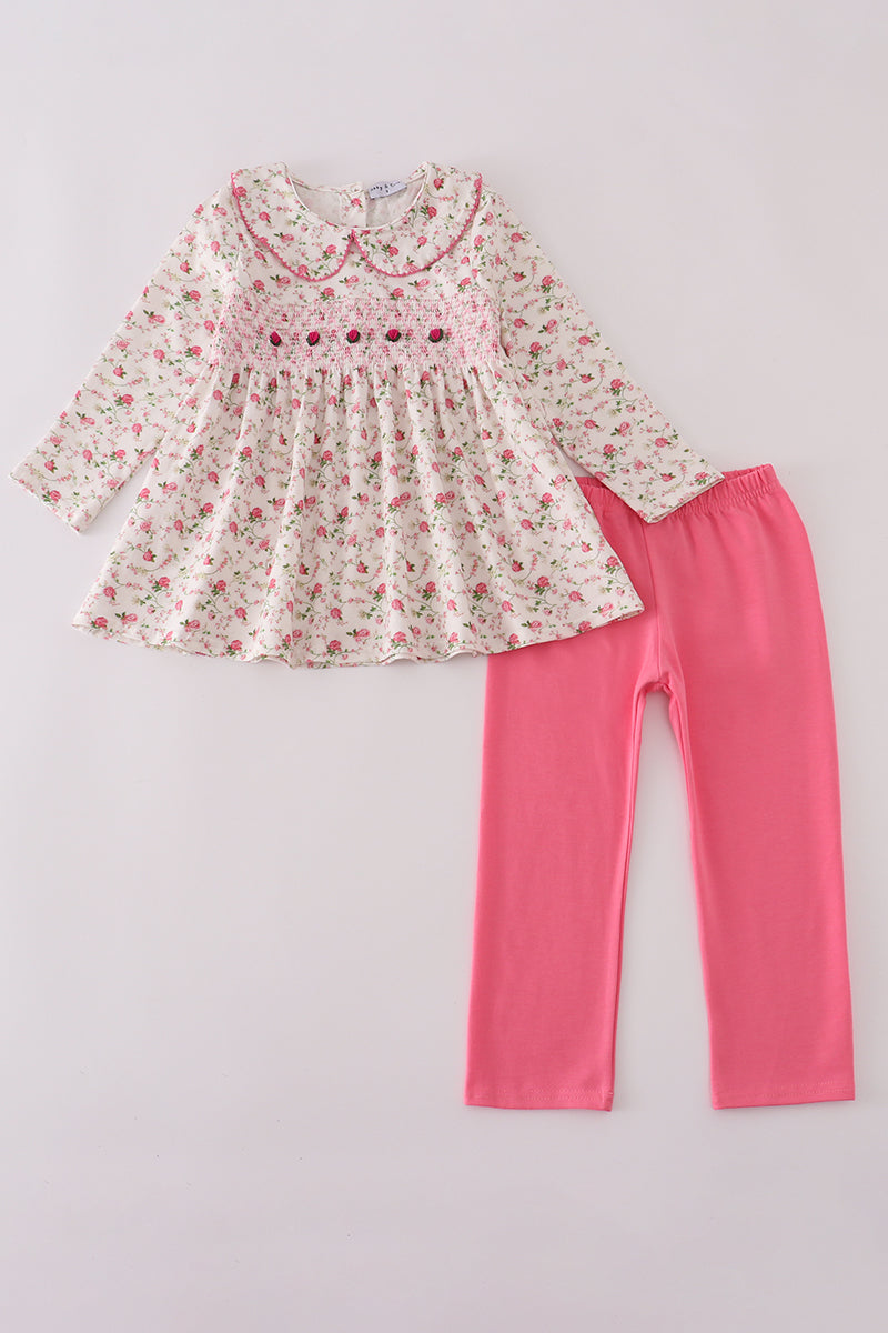 Ensemble pantalon smocké main rose