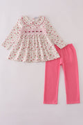 Ensemble pantalon smocké main rose