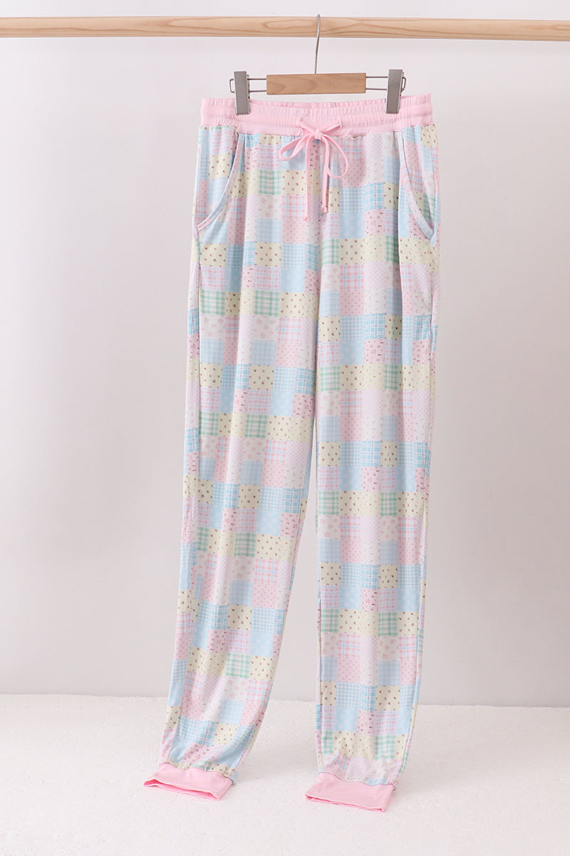 Pantalon de pyjama de maman en bambou à carreaux fleuri rose