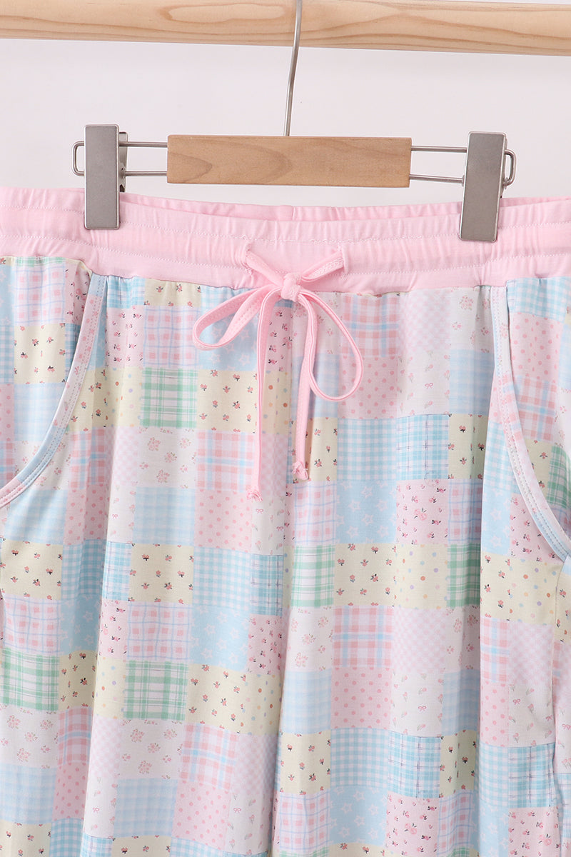 Pantalon de pyjama de maman en bambou à carreaux fleuri rose