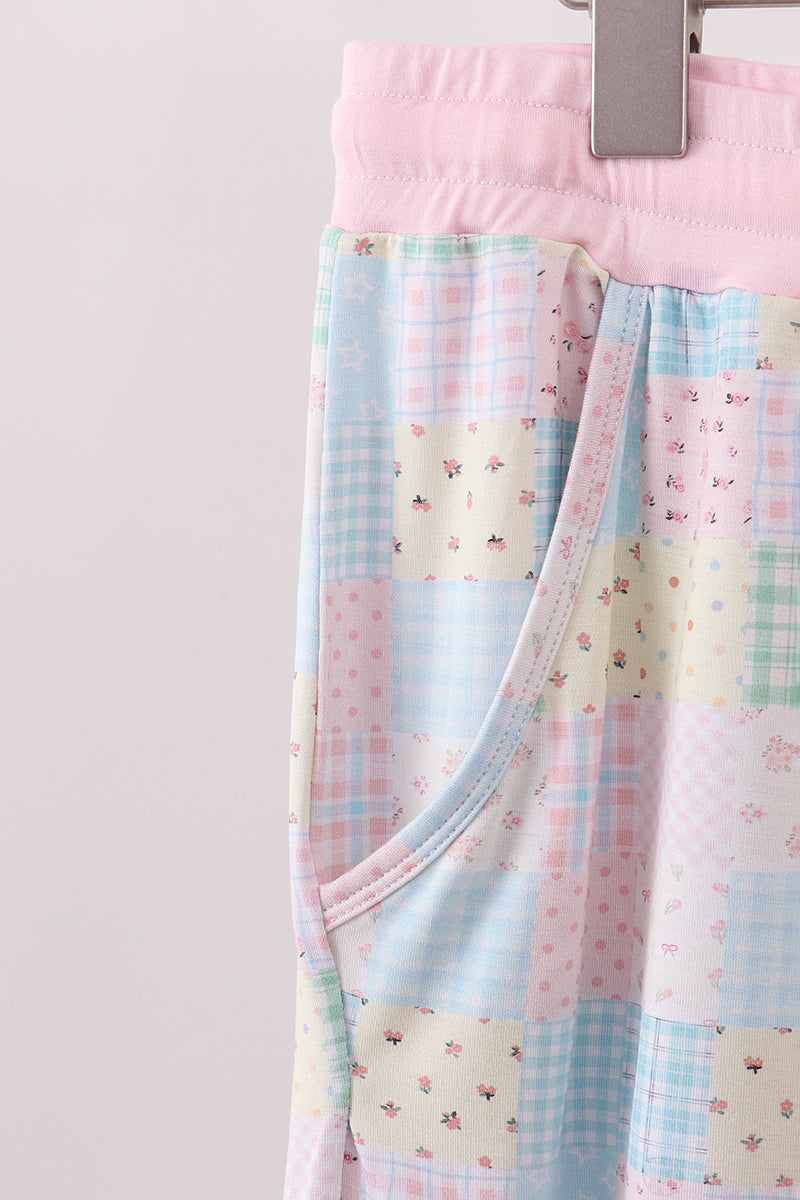 Pantalon de pyjama de maman en bambou à carreaux fleuri rose
