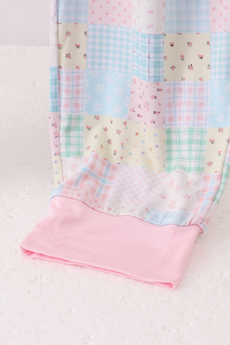 Pantalon de pyjama de maman en bambou à carreaux fleuri rose
