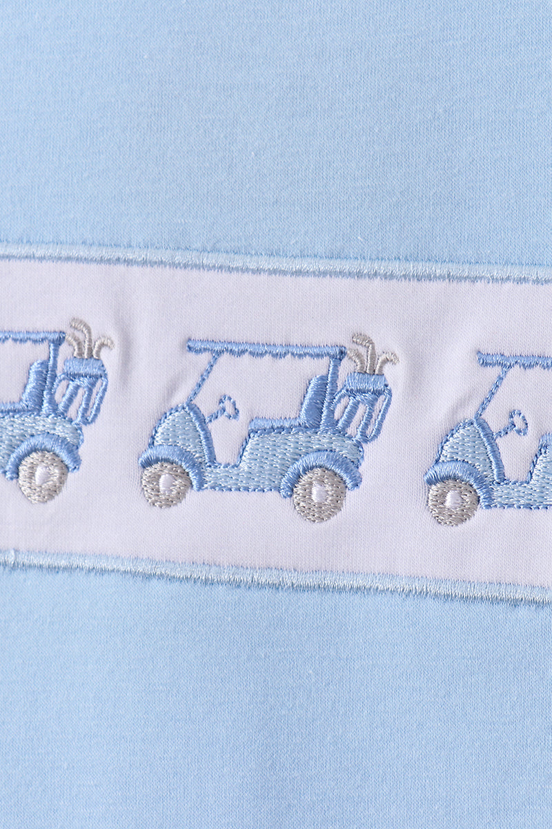 Ensemble pantalon brodé, motif voiturette de golf bleue