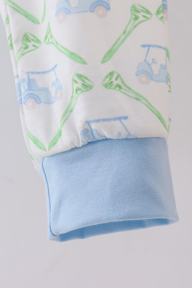 Ensemble pantalon brodé, motif voiturette de golf bleue