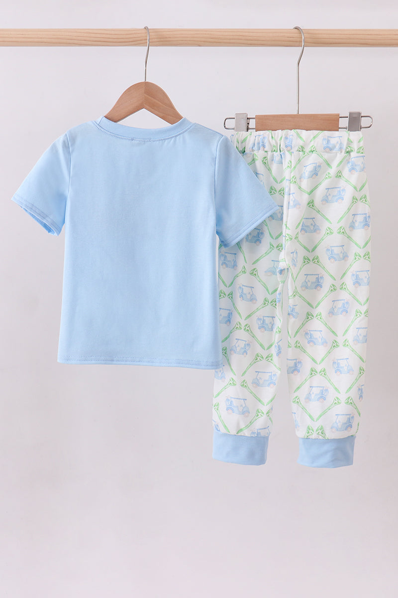 Ensemble pantalon brodé, motif voiturette de golf bleue