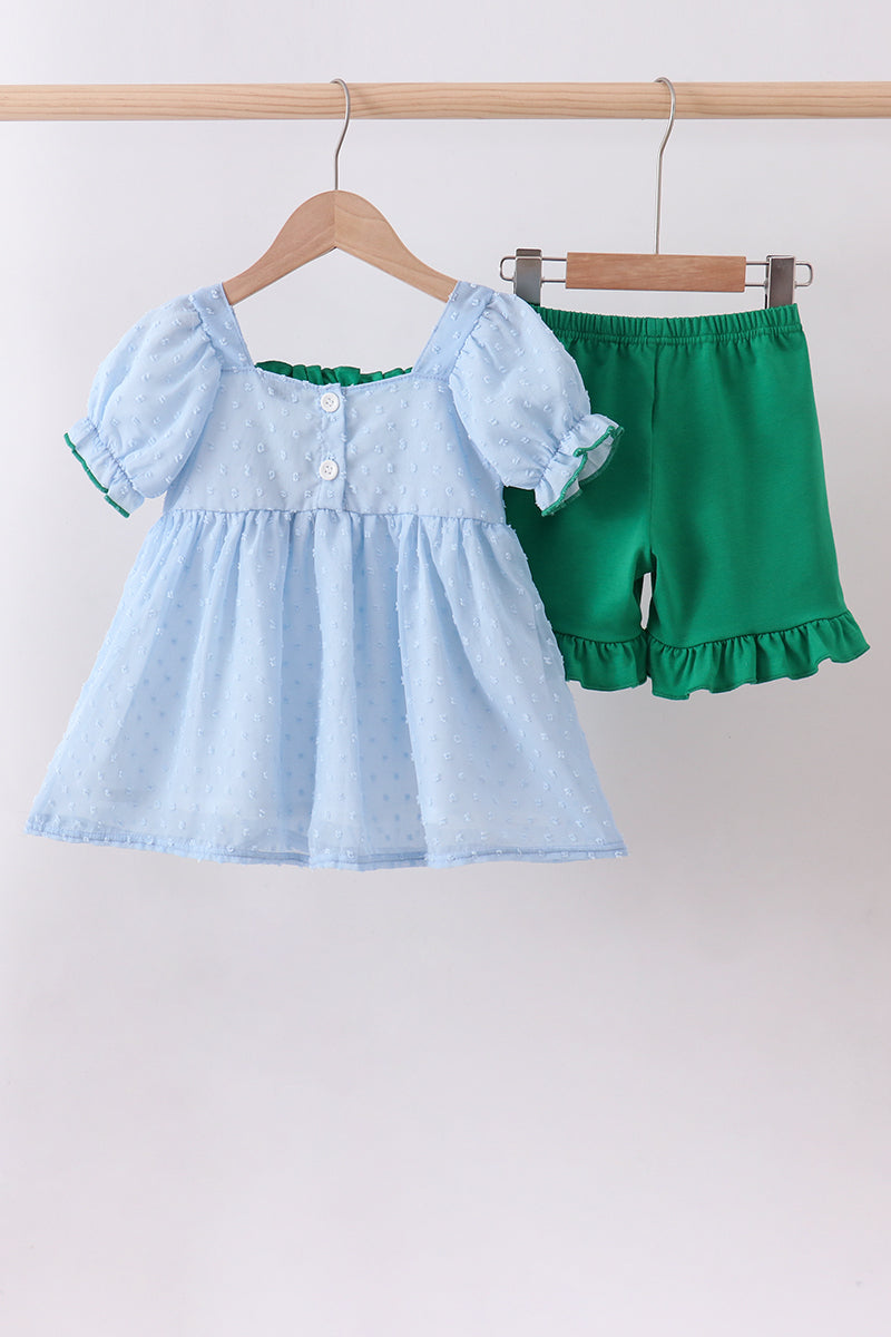 Ensemble short bleu brodé trèfle à pois suisses