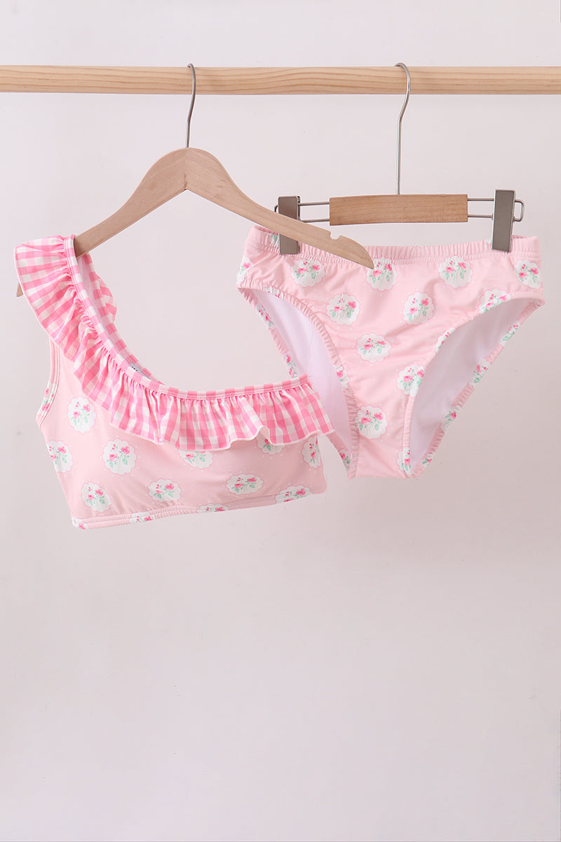 Maillot de bain 2 pièces volanté rose pour femme