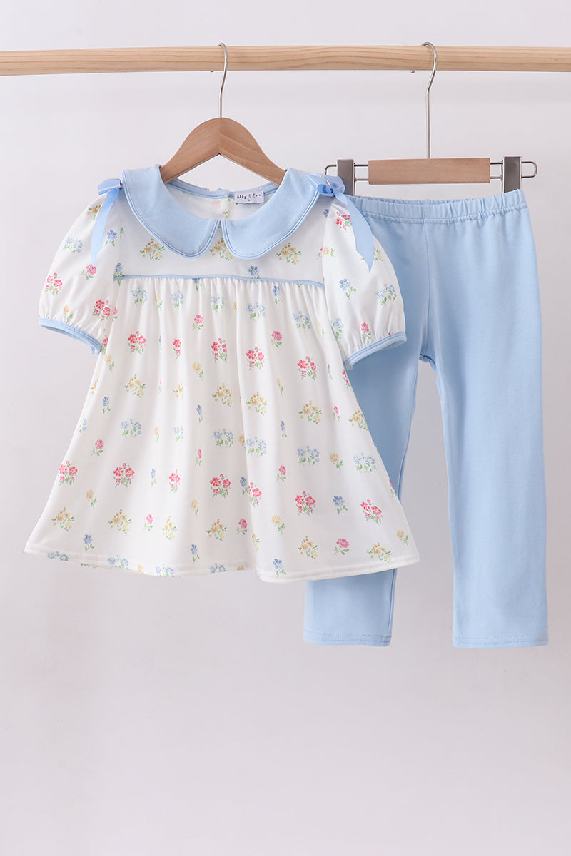 Ensemble pantalon et haut à nœud imprimé floral bleu