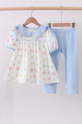 Ensemble pantalon et haut à nœud imprimé floral bleu