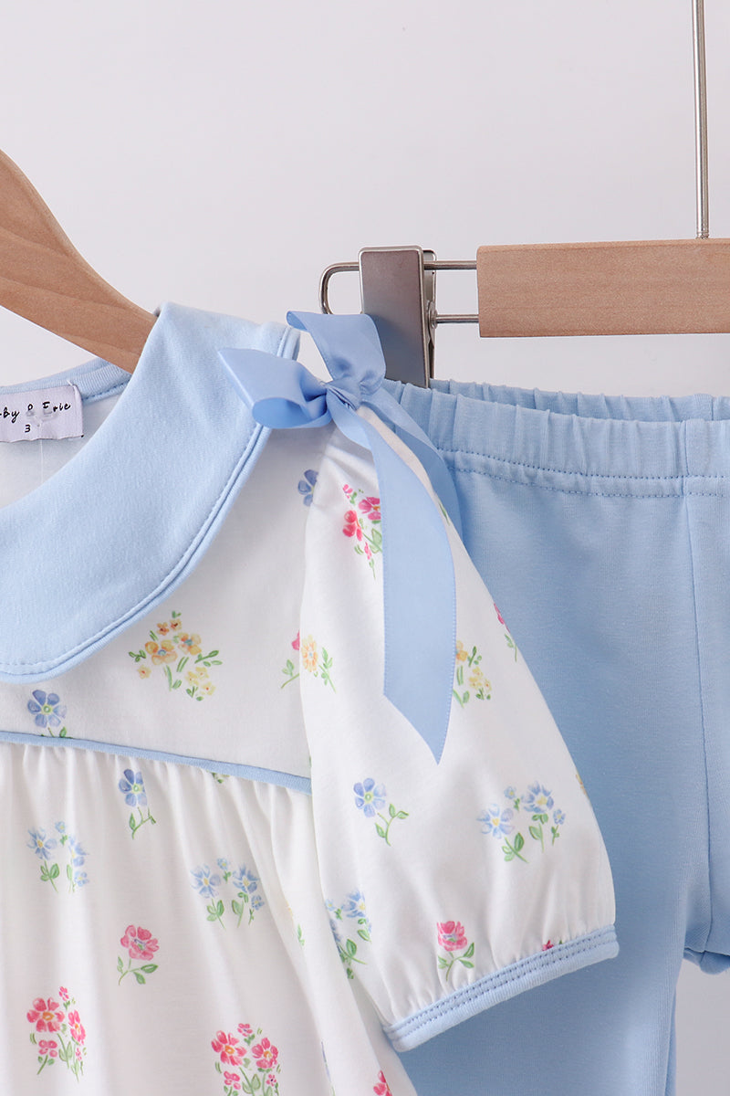 Ensemble pantalon et haut à nœud imprimé floral bleu