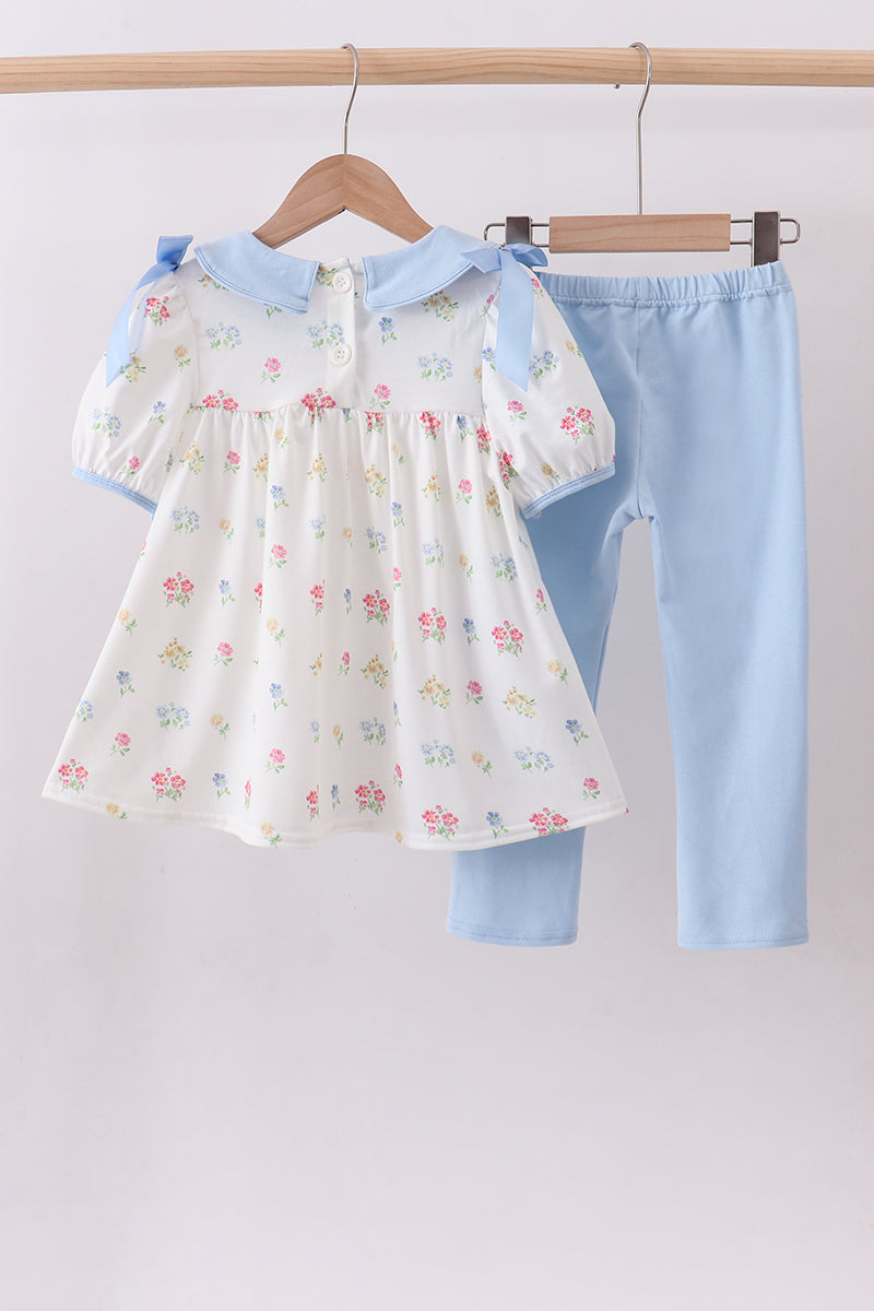 Ensemble pantalon et haut à nœud imprimé floral bleu