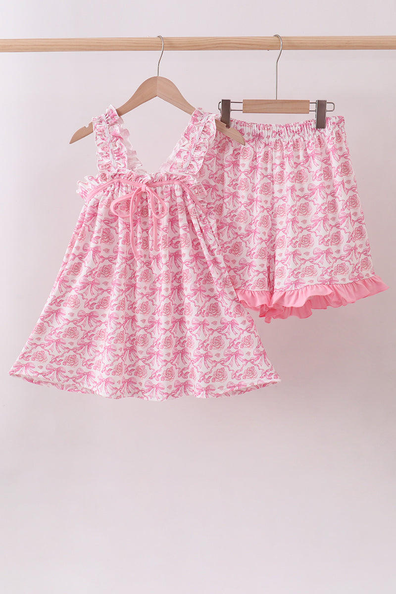 Ensemble short à volants et nœud imprimé floral rose