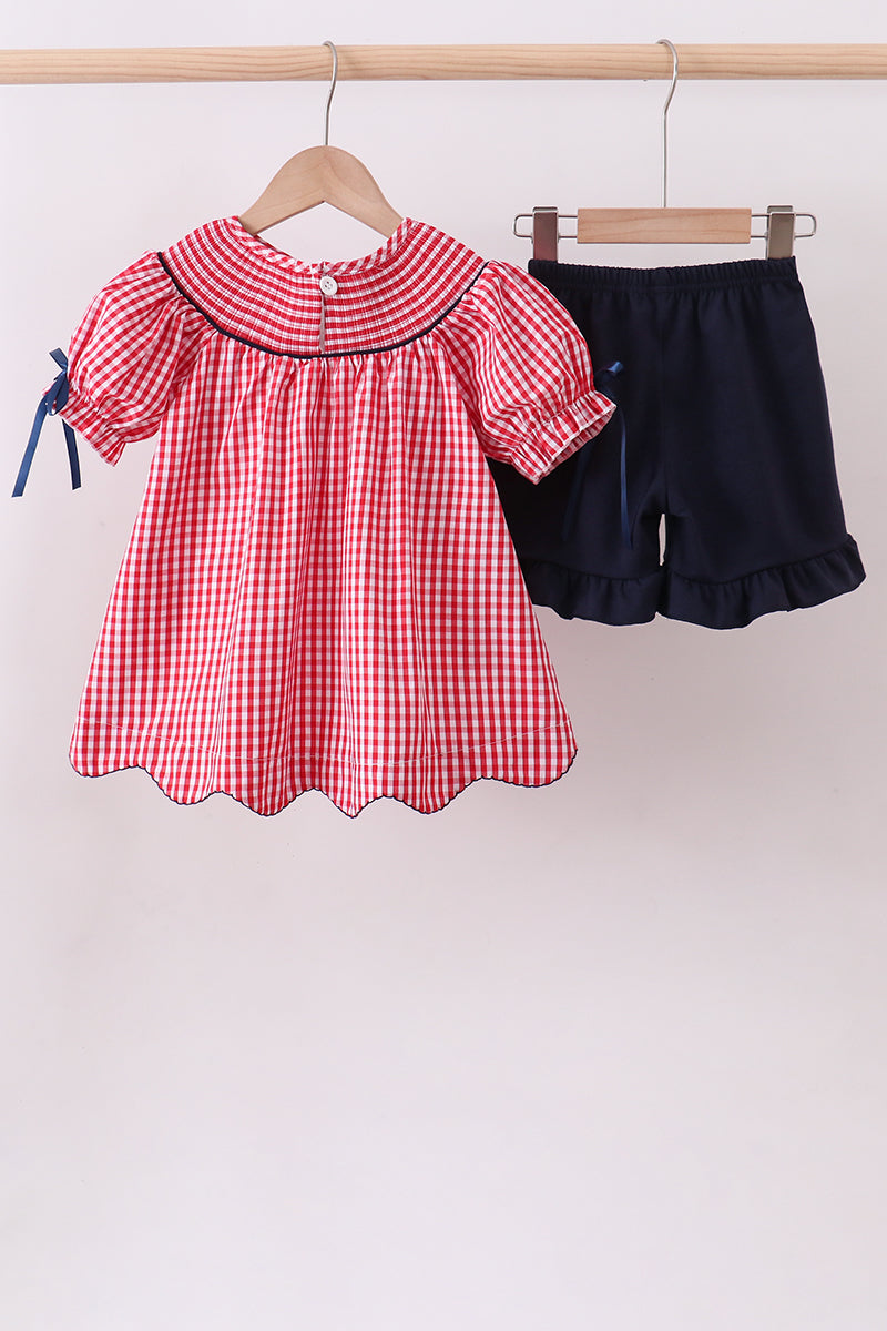 Ensemble short à volants vichy smocké drapeau rouge