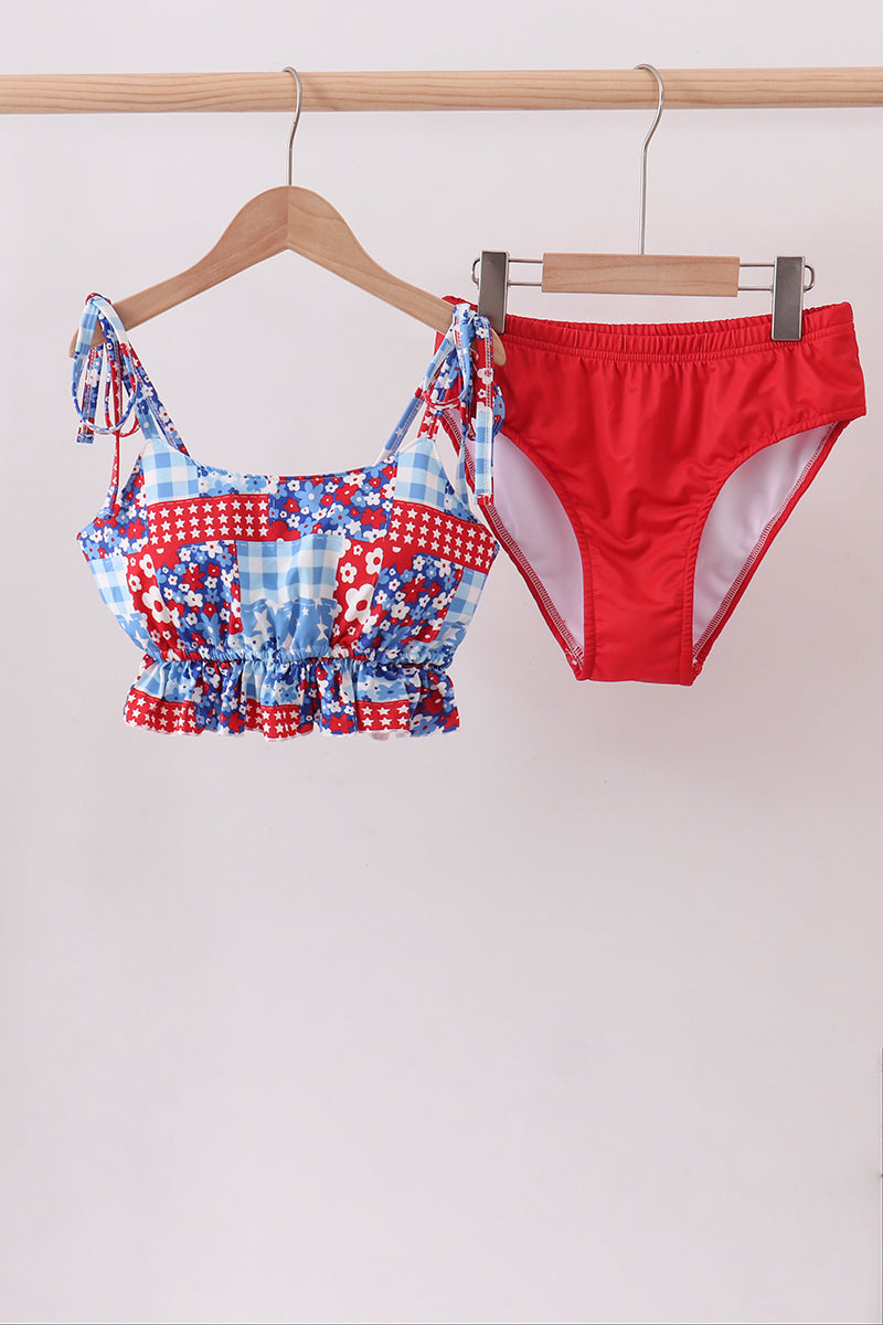 Maillot de bain 2 pièces imprimé floral rouge