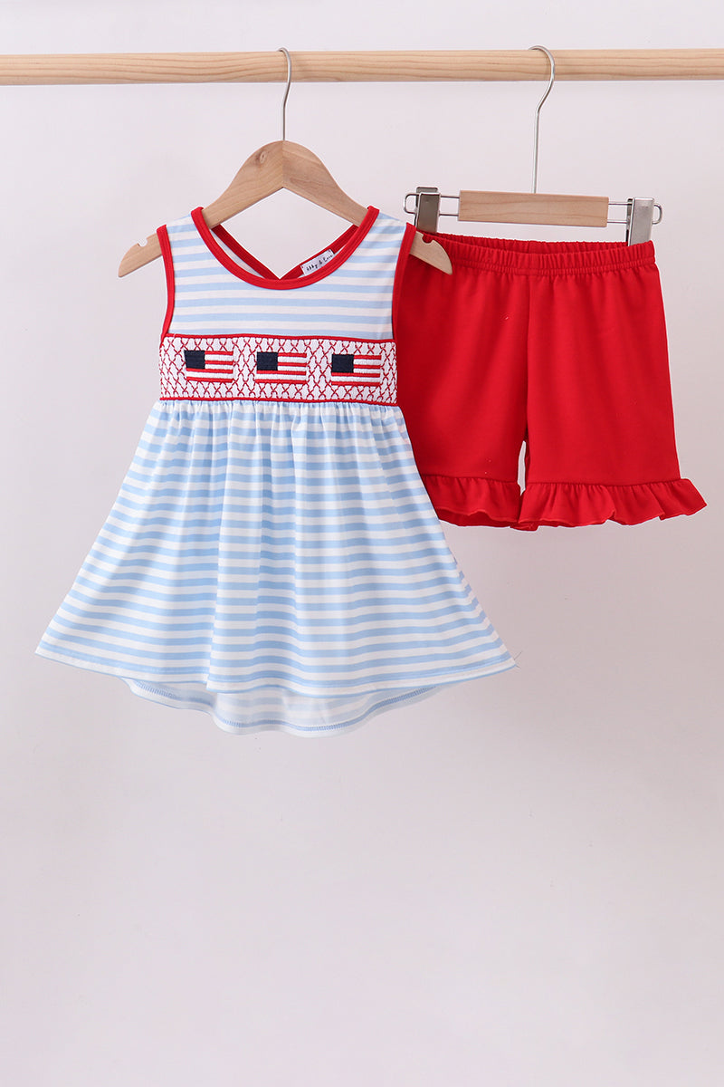 Ensemble short à volants smocké rayé drapeau rouge
