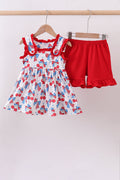 Ensemble short à volants et nœud, motif cerises rouges
