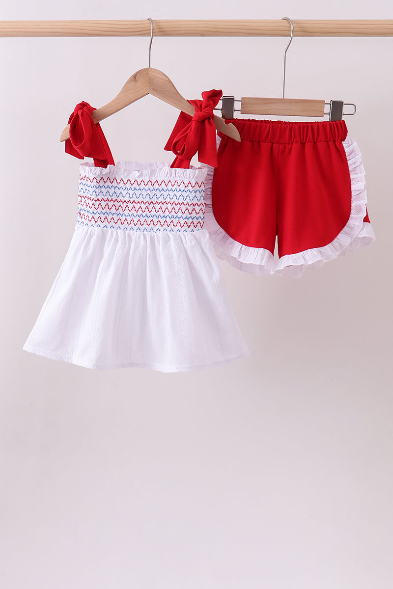 Ensemble de short blanc en jacquard smocké à volants