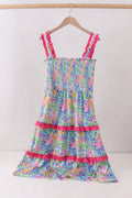 Robe étagée smockée à imprimé floral tropical