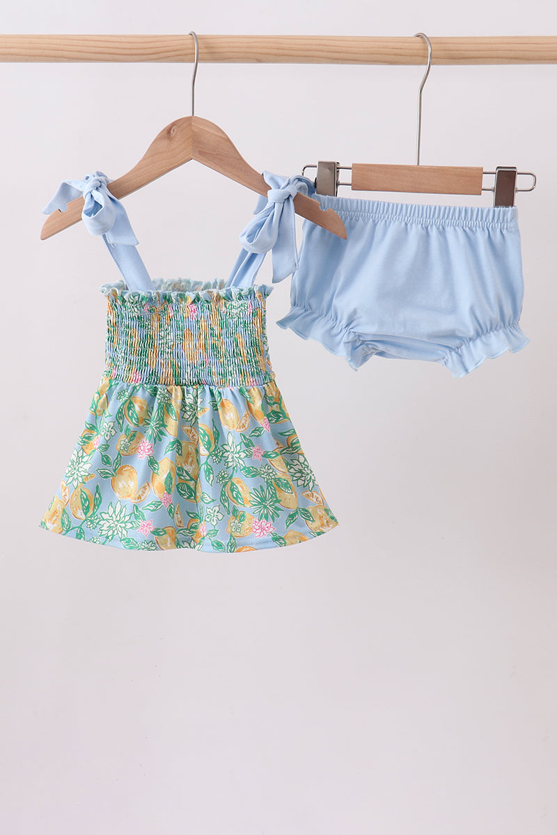 Ensemble bloomer et son haut smocké à nœud motif citrons verts