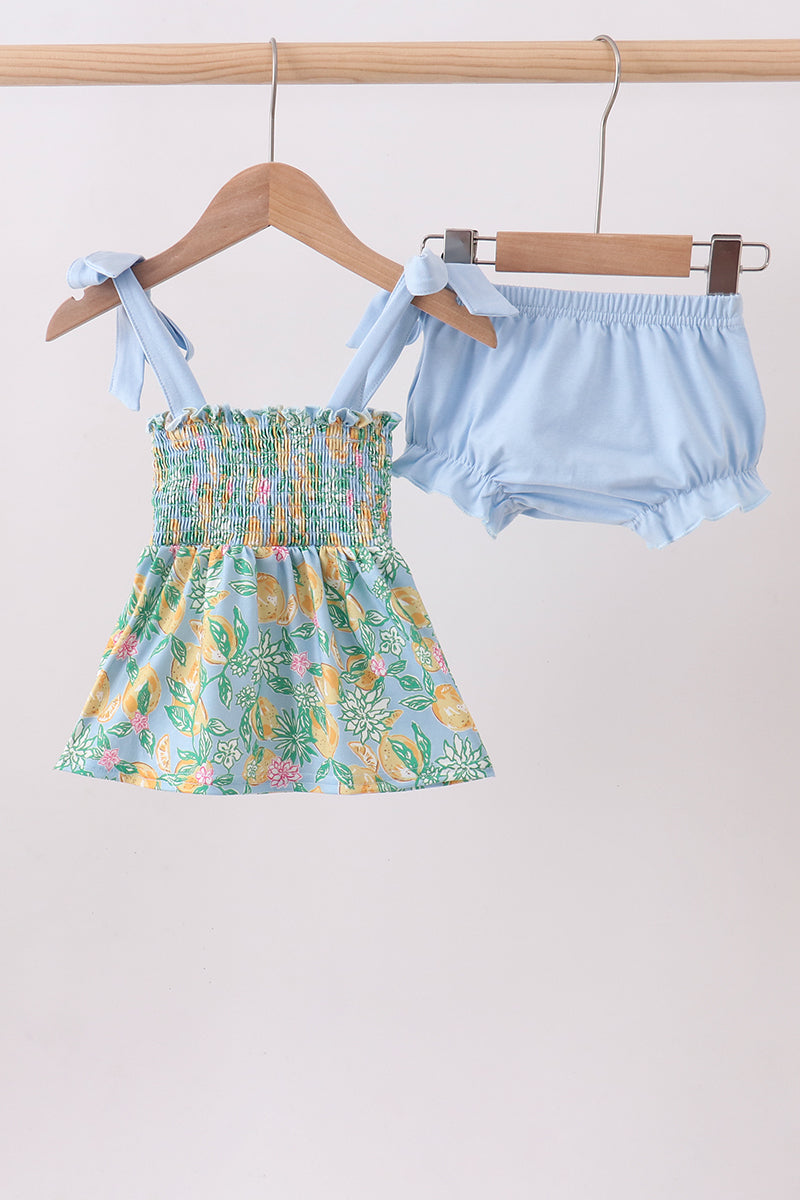 Ensemble bloomer et son haut smocké à nœud motif citrons verts