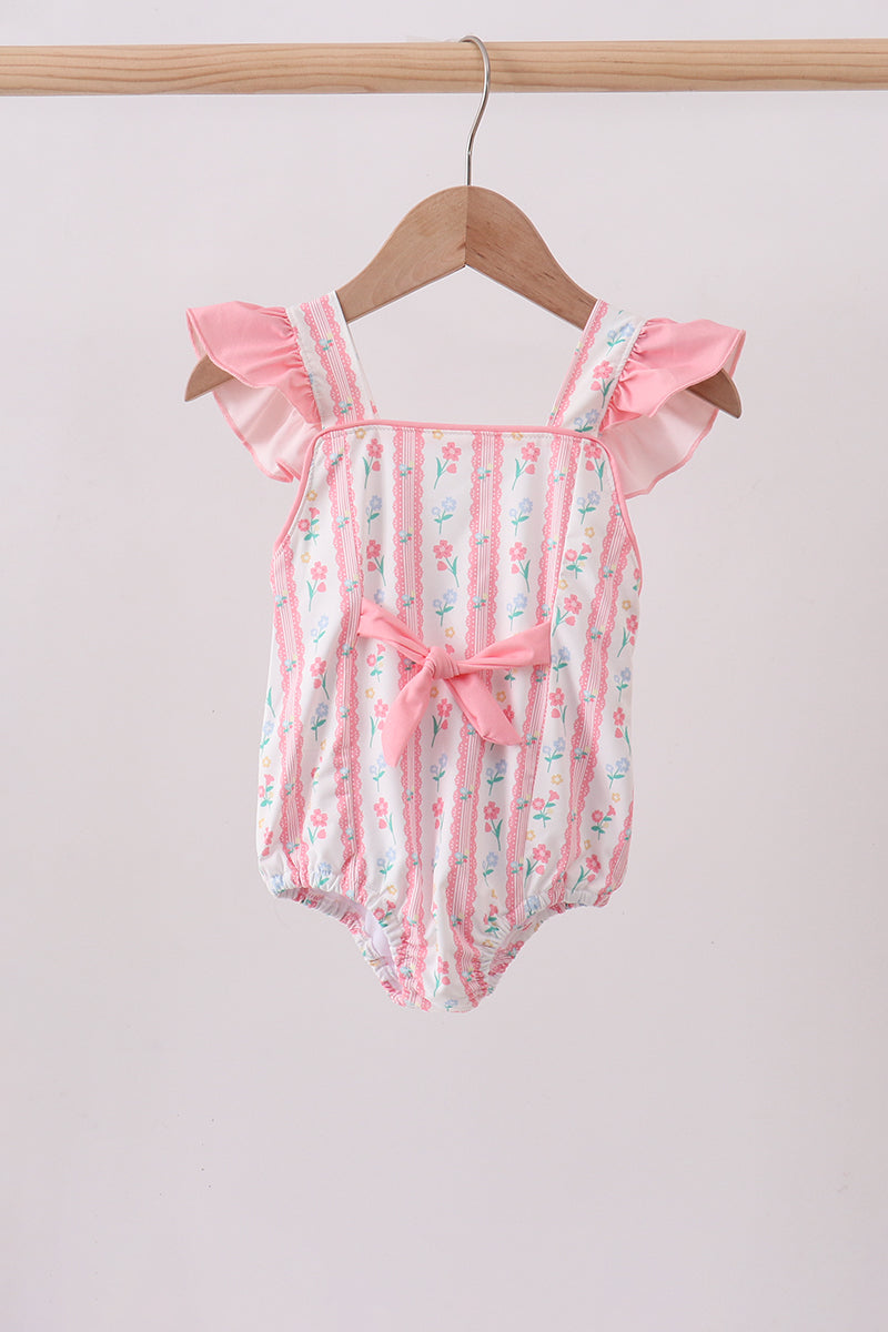 Maillot de bain à volants et nœud, imprimé floral rose poudré