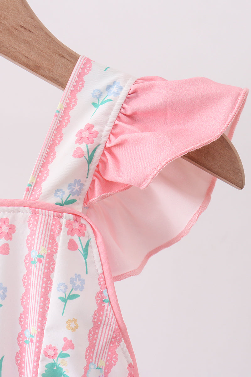 Maillot de bain à volants et nœud, imprimé floral rose poudré