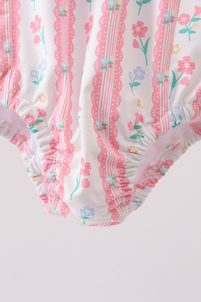 Maillot de bain à volants et nœud, imprimé floral rose poudré